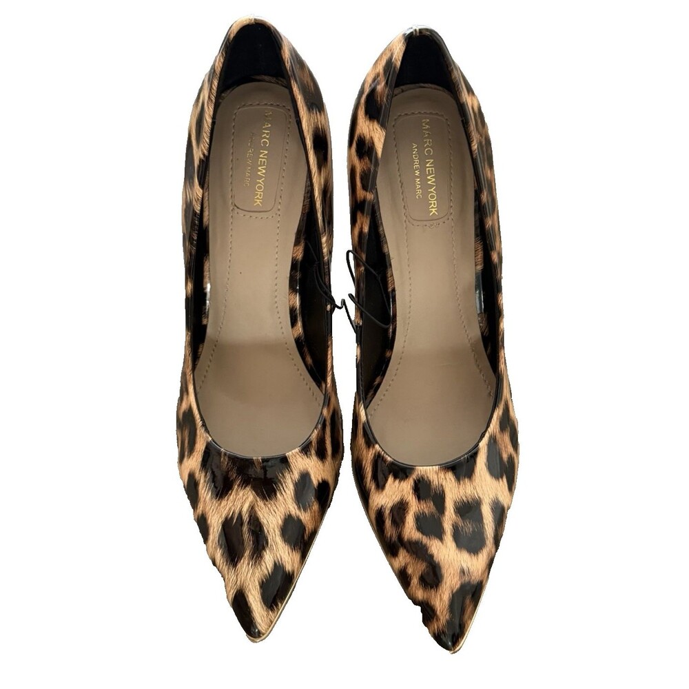 Andrew Marc Glossy Leopard Print Pumps 4” Stiletto Heels Padded US Sz 8.5M Peggy